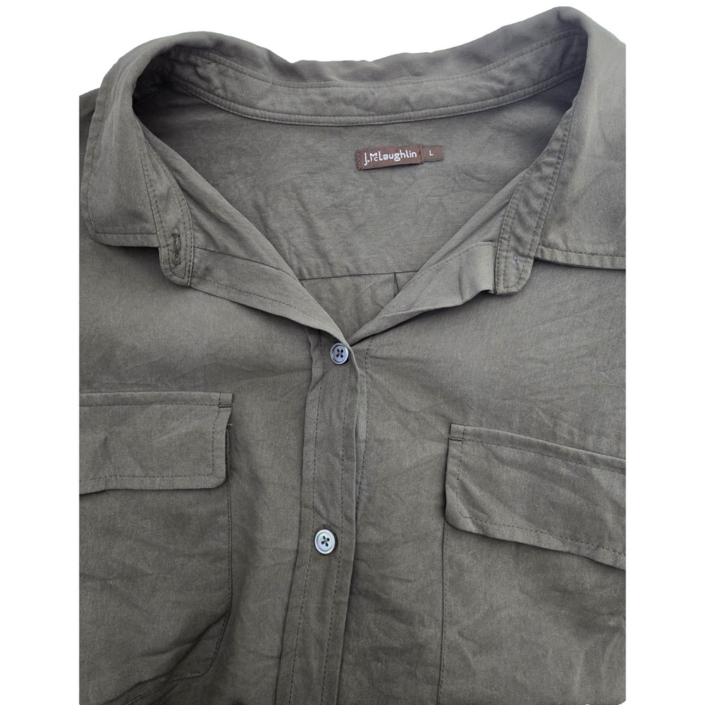 J. McLaughlin Green 100% Silk Button Down Shirt Womens Large Classic Pockets